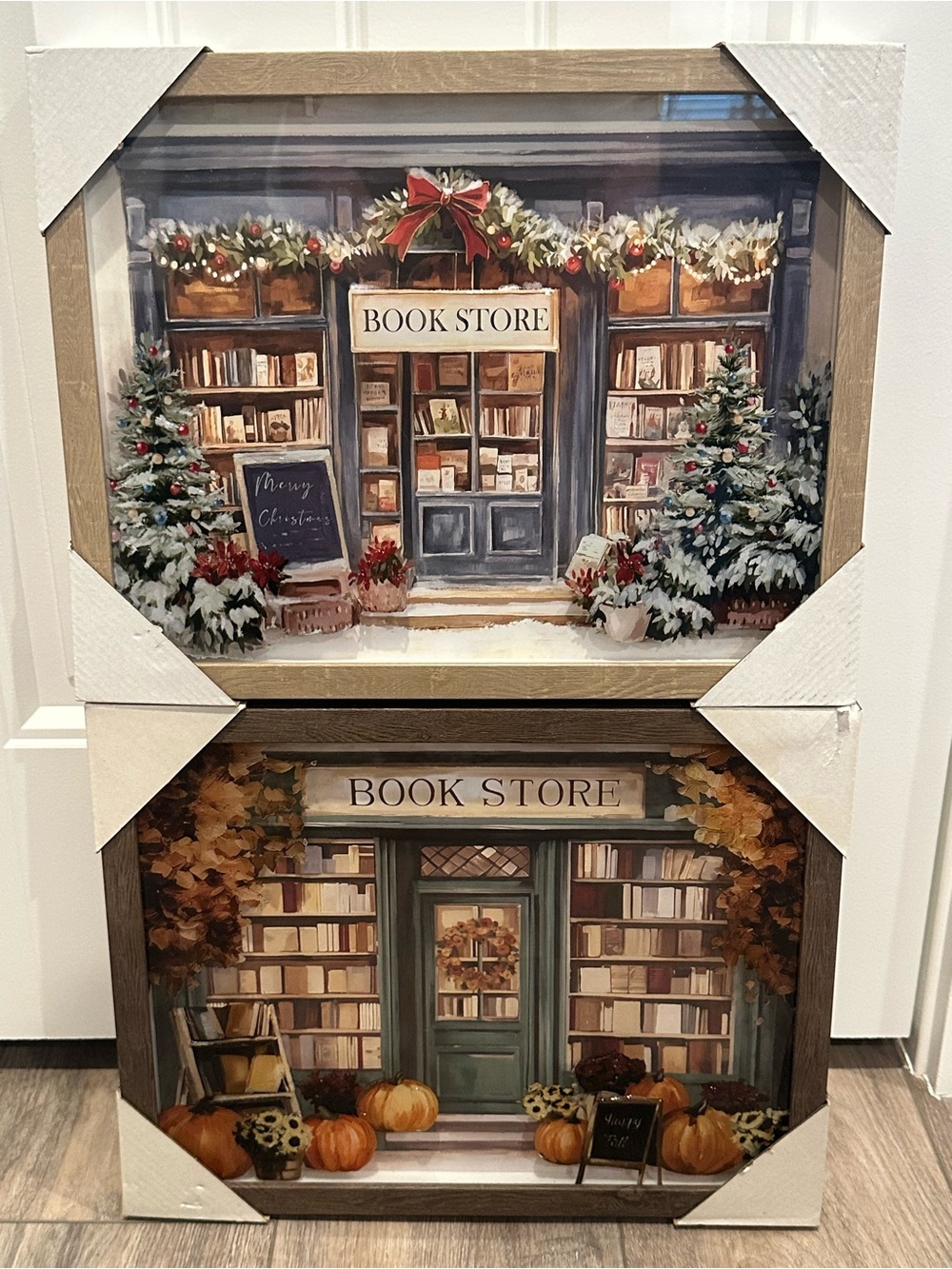 SET OF 2! Christmas & Fall Book Store Framed Pictures Shadow Box Wall Art Prints